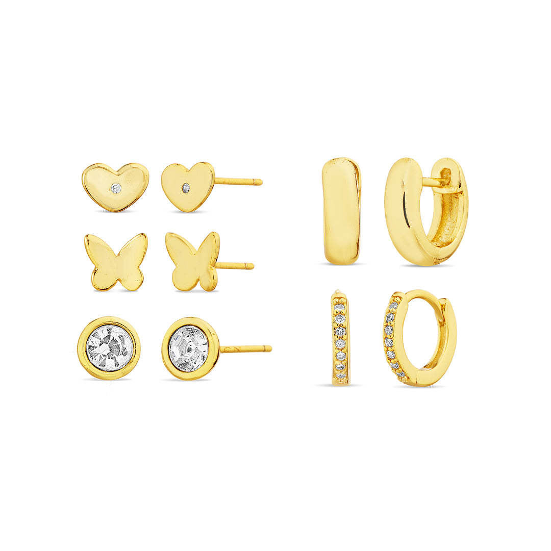 Brass Yellow Gold-Plated Waterproof Wt Cubic Zirconia 5 Pieces Multi Shapes Earrings Set
