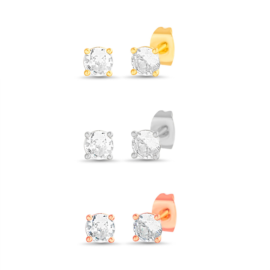 Brass Yellow Gold-Plated Trio Waterproof ( , ,rose ) 5MM Wt Cubic Zirconia Post Earring Set