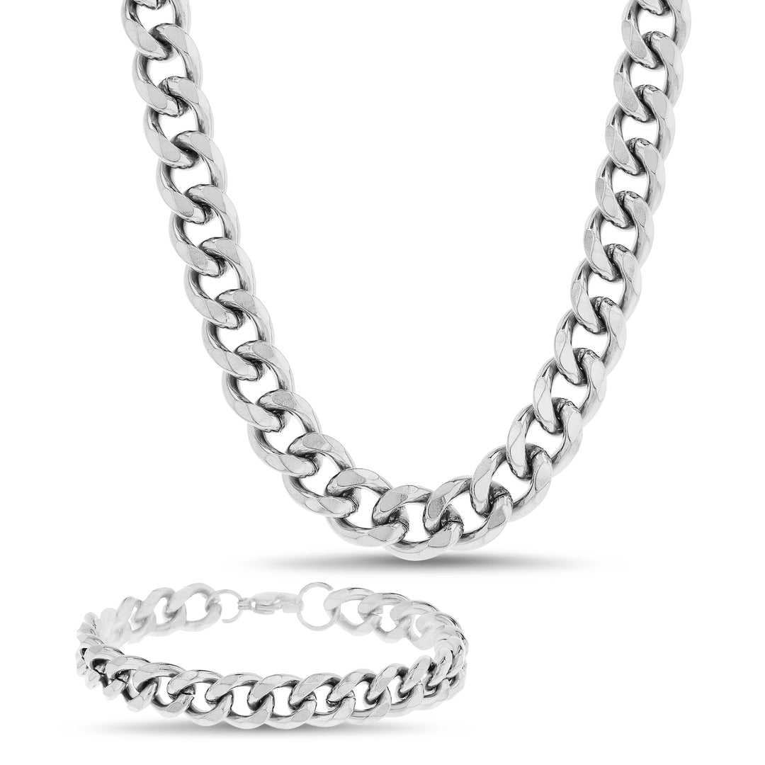 Sterling Silver Waterproof Curb Chain Necklace & Bracelet Set
