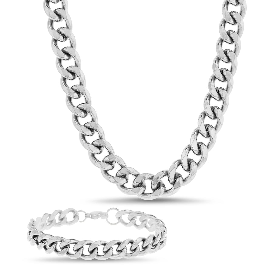 Sterling Silver Waterproof Curb Chain Necklace & Bracelet Set