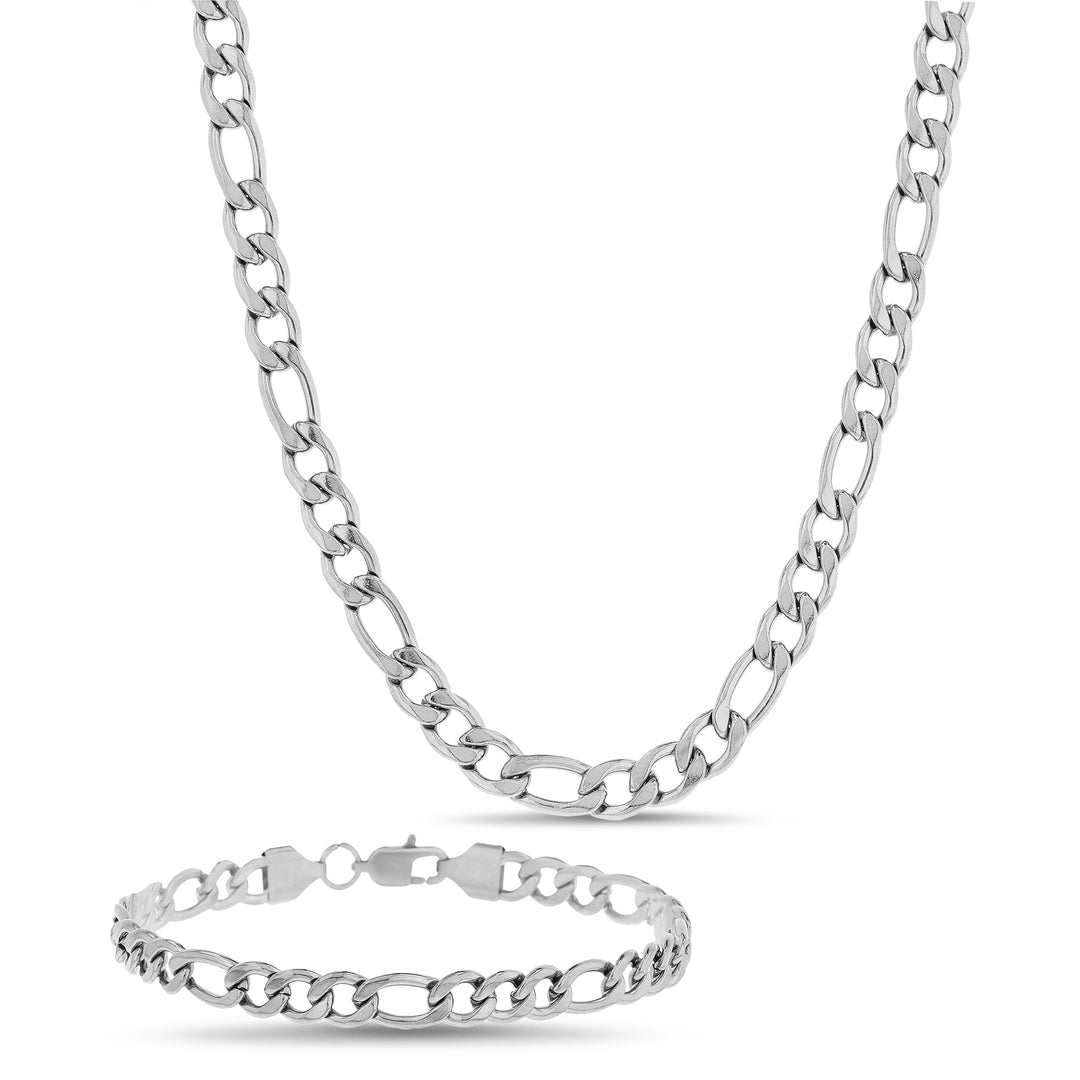 Sterling Silver Waterproof Figaro Chain Necklace & Bracelet Set
