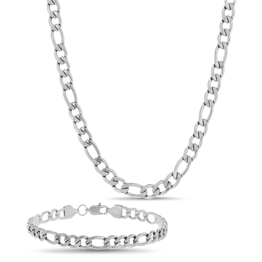 Sterling Silver Waterproof Figaro Chain Necklace & Bracelet Set